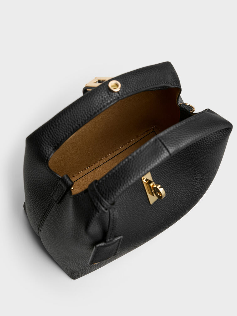 Chance Recycled Leather Turn-Lock Bucket Bag, Black, hi-res