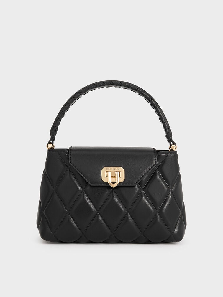 Arwen Quilted Braided-Strap Top Handle Bag, Black, hi-res