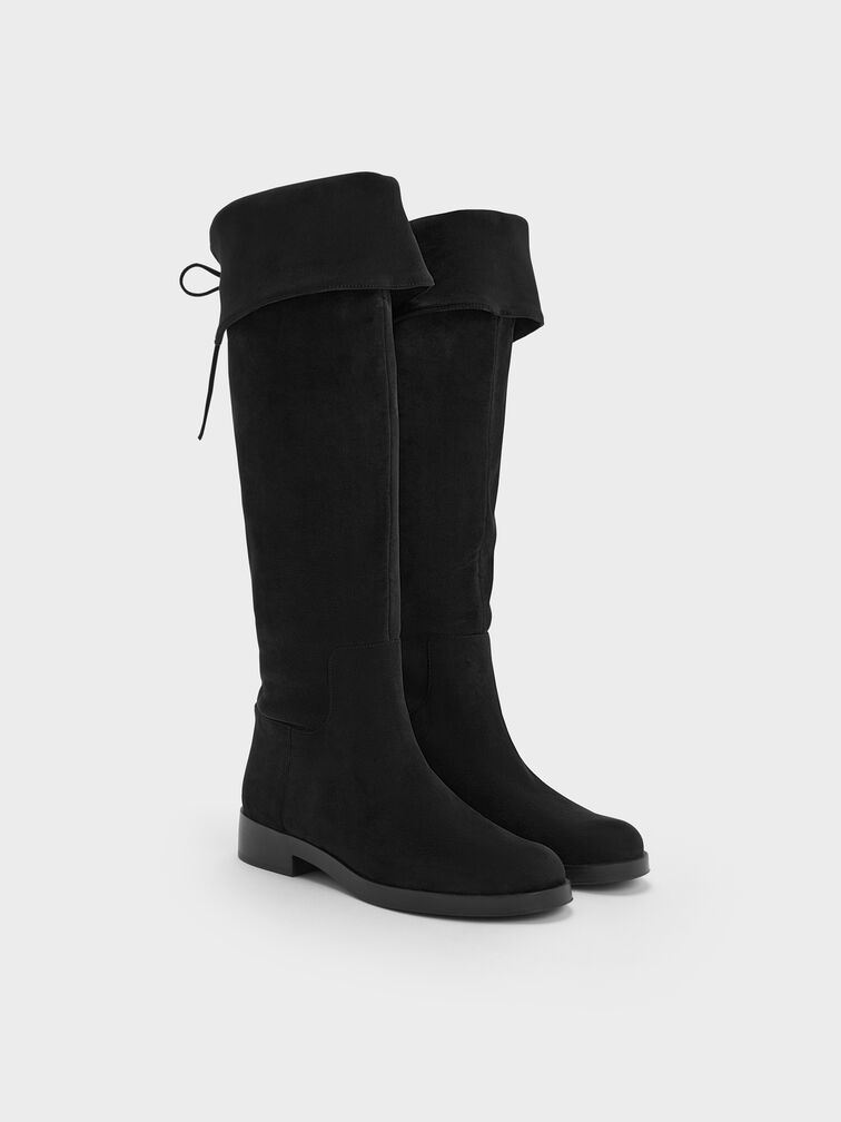 Faux Suede Fold-Over Thigh-High Boots, Black Textured, hi-res