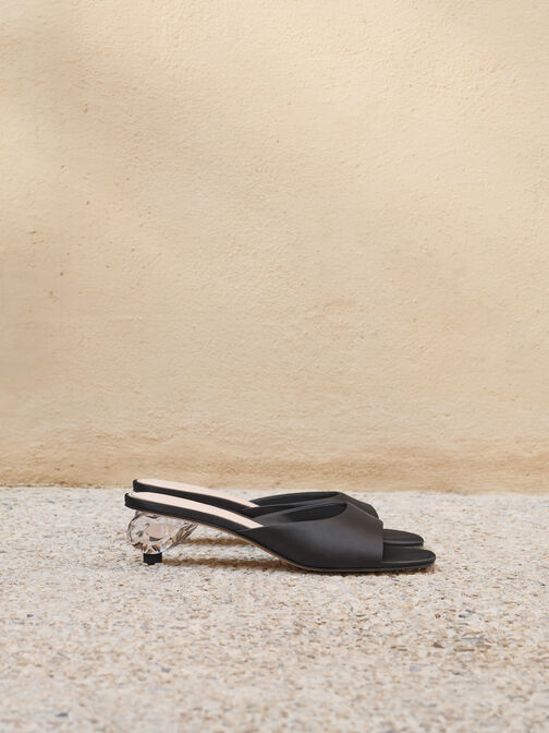 Satin Crystal-Heel Mules, Black Textured, hi-res