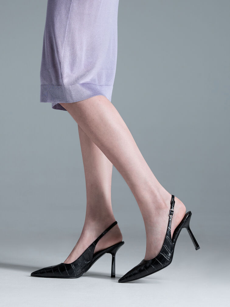 حذاء بامبس بكعب عالٍ سلينجباك مدبب بنقشة جلد التمساح, أسود حيواني, hi-res