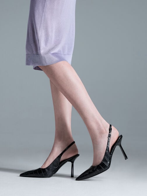 Croc-Effect Pointed-Toe Slingback Pumps, Animal Print Black, hi-res