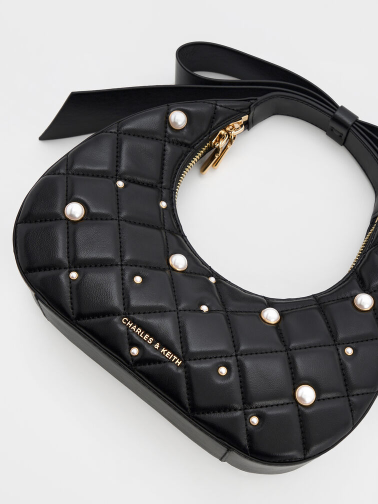 Janie Quilted Pearl Bow-Handle Bag, Black, hi-res