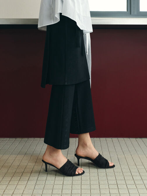 Faux Suede Ruched Heeled Mules, Black Textured, hi-res