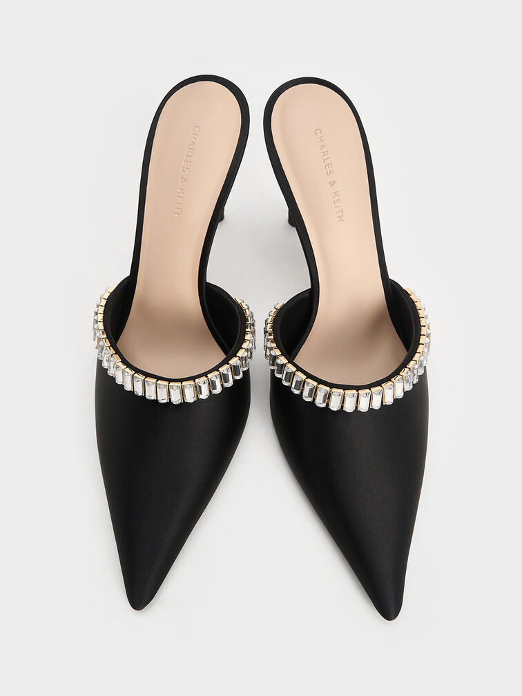 Satin Crystal-Embellished Pointed-Toe Heeled Mules, Black Textured, hi-res
