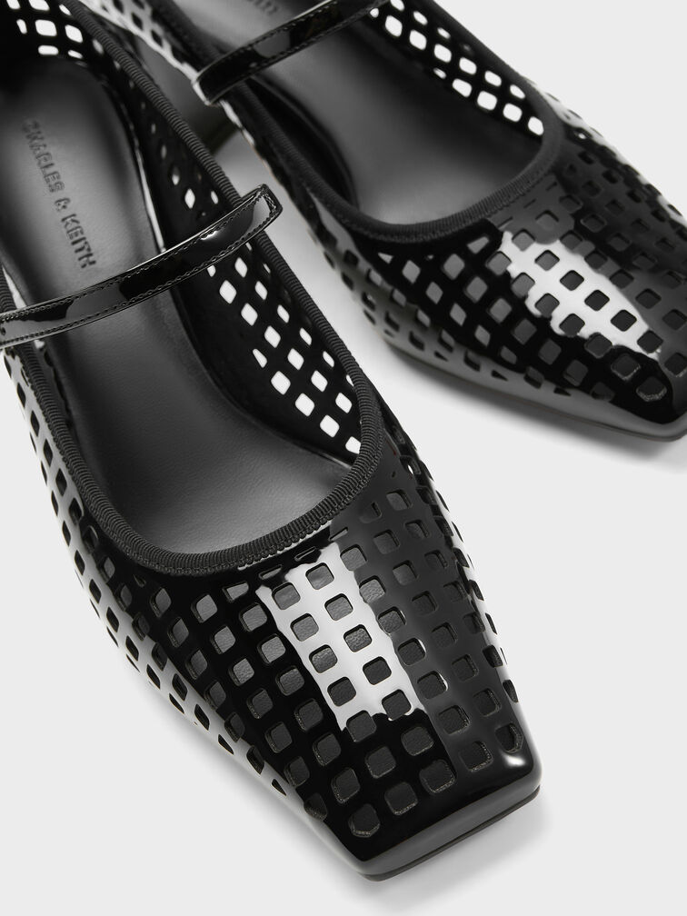 Patent Perforated Square-Toe Block-Heel Mary Jane Pumps, Black Patent, hi-res