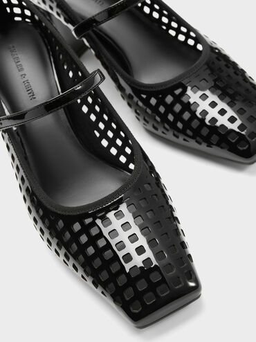 Patent Perforated Square-Toe Block-Heel Mary Jane Pumps, Black Patent, hi-res