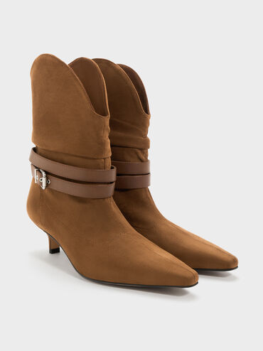 Karter Faux Suede Pointed-Toe Ruched Buckled Kitten-Heel Boots, Cognac, hi-res