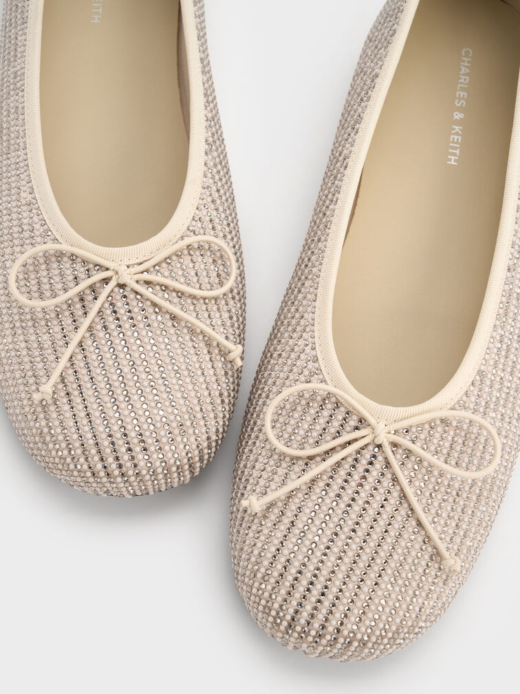 Satin Crystal-Embellished Bow Ballet Flats, Gold, hi-res