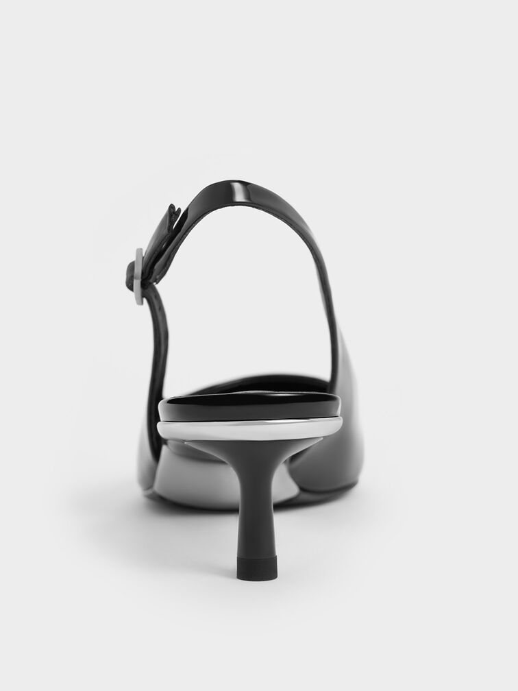 Curtis Patent Pointed-Toe Kitten-Heel Slingback Pumps, Black Patent, hi-res