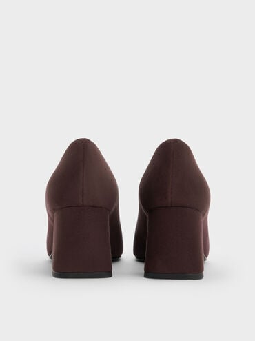 Faux Suede Square-Toe Block-Heel Loafer Pumps, Dark Brown Textured, hi-res