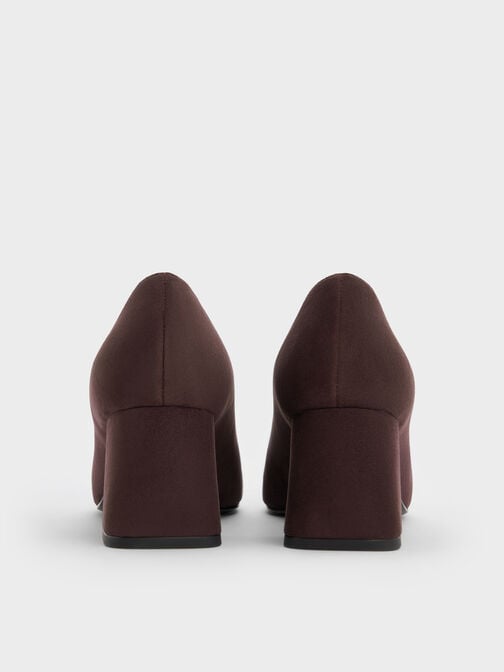 Faux Suede Square-Toe Block-Heel Loafer Pumps, Dark Brown Textured, hi-res
