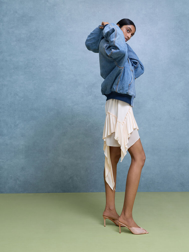 حذاء ميول بكعب ومقدمة مفتوحة من القماش الشبكي اللامع, وردي, hi-res