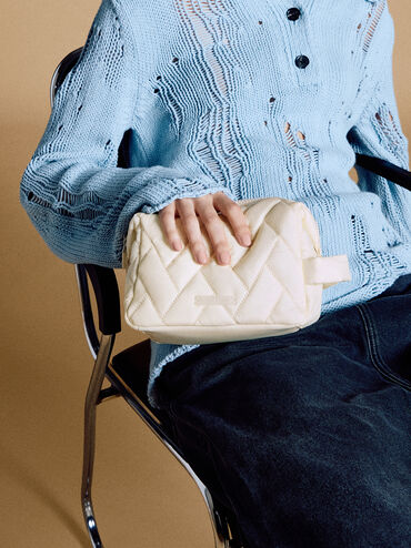 Nylon Chevron Pouch, Cream, hi-res