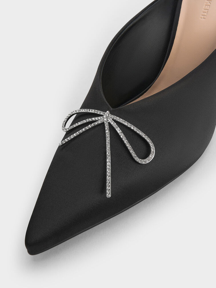 حذاء مفتوح من الخلف بوليستر معاد تدويره  بكعب ومقدمة مدببة مزين بفيونكة كريستالية, أسود خشن, hi-res