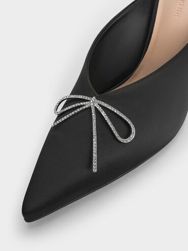 حذاء مفتوح من الخلف بوليستر معاد تدويره  بكعب ومقدمة مدببة مزين بفيونكة كريستالية, أسود خشن, hi-res