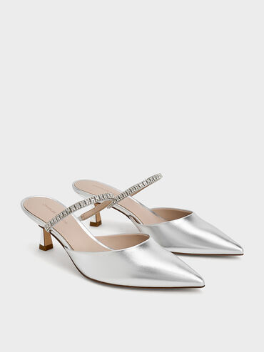 Ambrosia Metallic Gem-Embellished Pointed-Toe Mules, Silver, hi-res