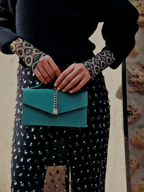 Taisia Satin Chain-Strap Envelope Bag, Teal, hi-res