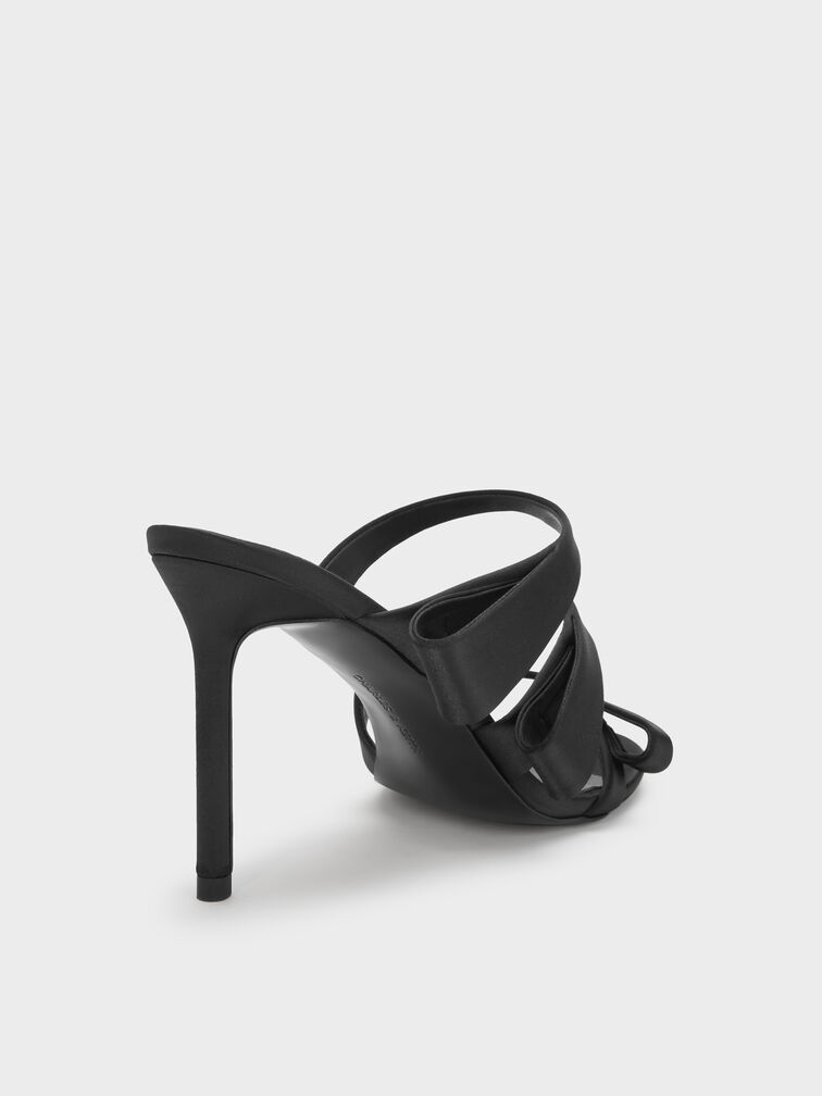 Satin Triple Pleated-Strap Stiletto Heels, Black Textured, hi-res