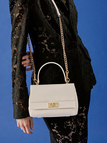 Lennie Chain-Strap Top Handle Bag, Cream, hi-res