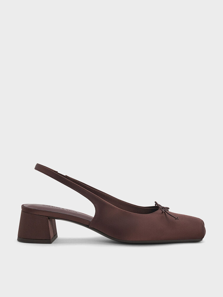 Sadira Satin Bow Square-Toe Slingback Pumps, Dark Brown, hi-res