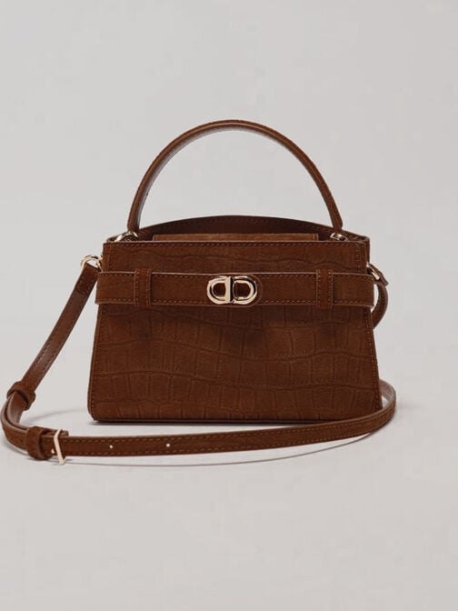 Aubrielle Croc-Effect Belted Top Handle Bag, Chocolate, hi-res