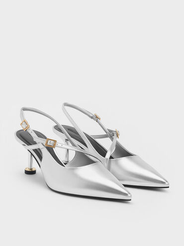 Wynn Metallic Buckled Sculptural-Heel Slingback Pumps, Silver, hi-res