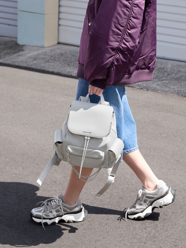 Nylon Puffy Chain-Link Backpack, Light Grey, hi-res