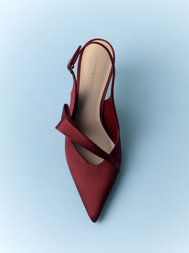Satin Pleated-Strap Slingback Pumps, Red, hi-res