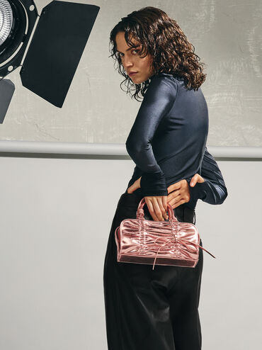 Kadee Metallic Ruched Bow-Charm Bowling Bag, Aura Pink, hi-res