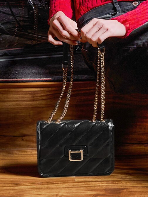 Neva Panelled Chain-Strap Crossbody Bag, Black, hi-res