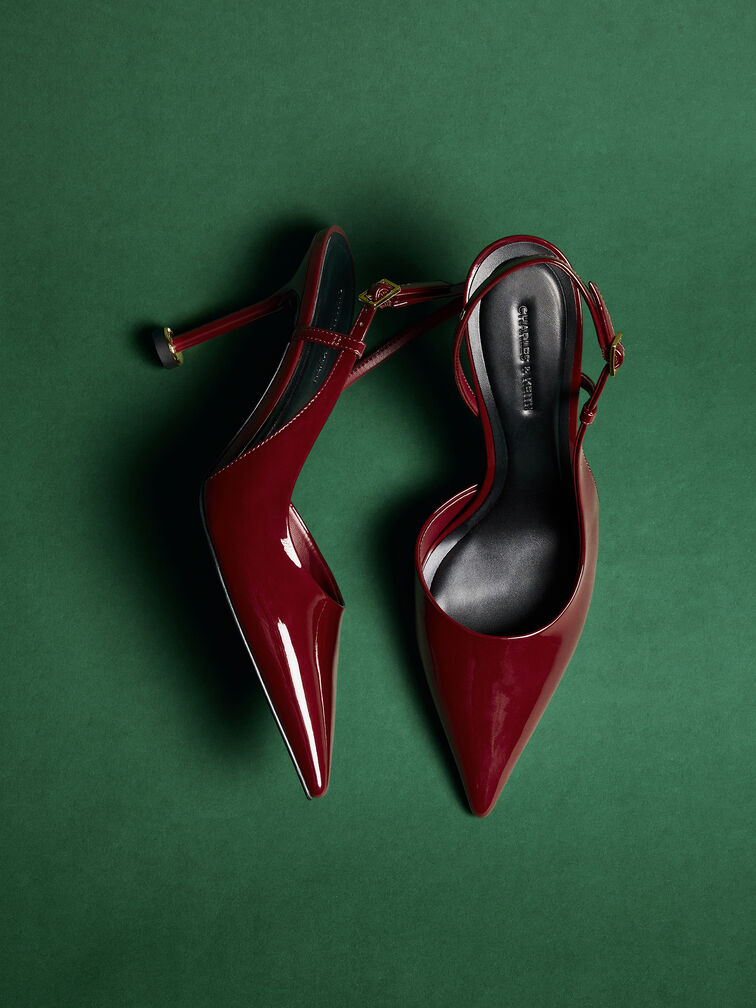 حذاء بامبس وين لامع سليجنباك بكعب منحوت ومقدمة مدببة, أحمر, hi-res