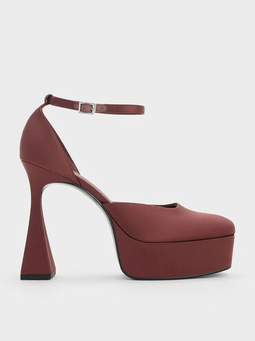 Recycled Polyester Flared Heel D'Orsay Pumps, Maroon, hi-res