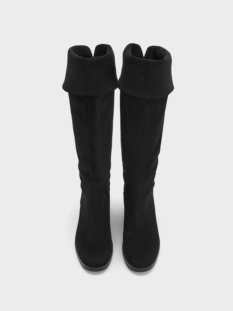 Faux Suede Fold-Over Thigh-High Boots, Black Textured, hi-res