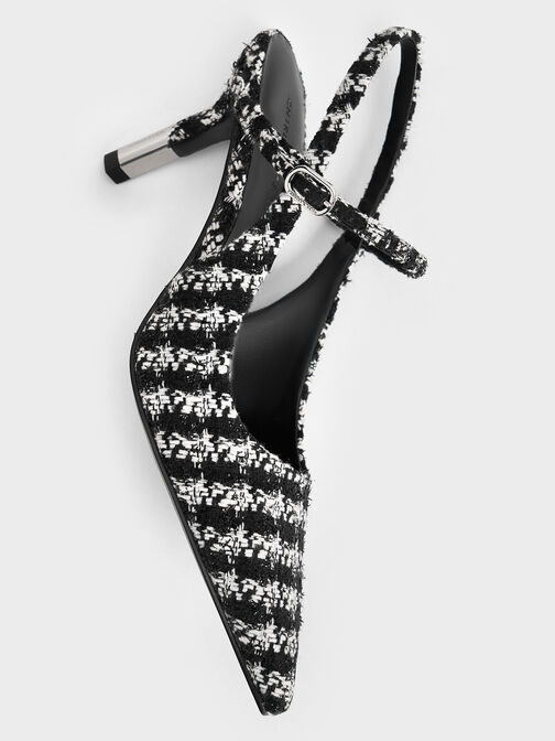 أحذية بكعب مزدوج اللون وتصميم مفتوح من الخلف من قماش التويد, أسود خشن, hi-res