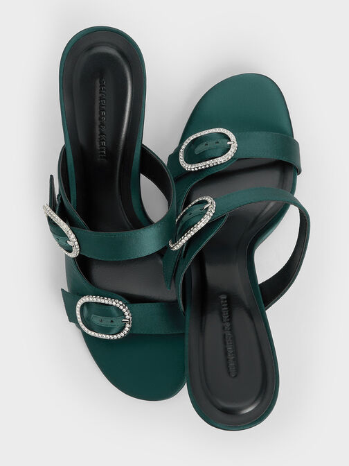 Recycled Polyester Crystal-Buckle Heeled Mules, Dark Green, hi-res
