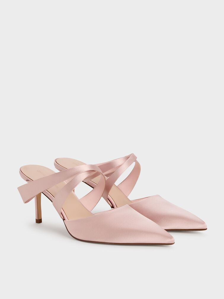 Satin Pleated-Strap Heeled Mules, Pink, hi-res