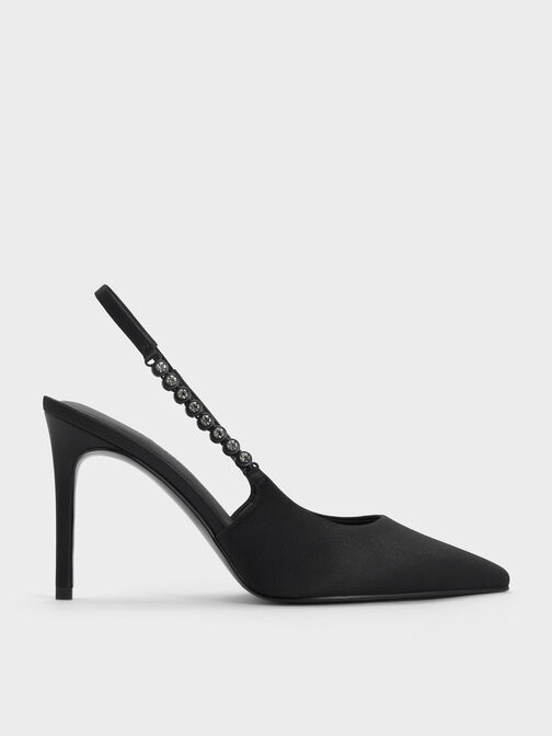 Flores Recycled Polyester Gem-Strap Slingback Pumps, Black, hi-res