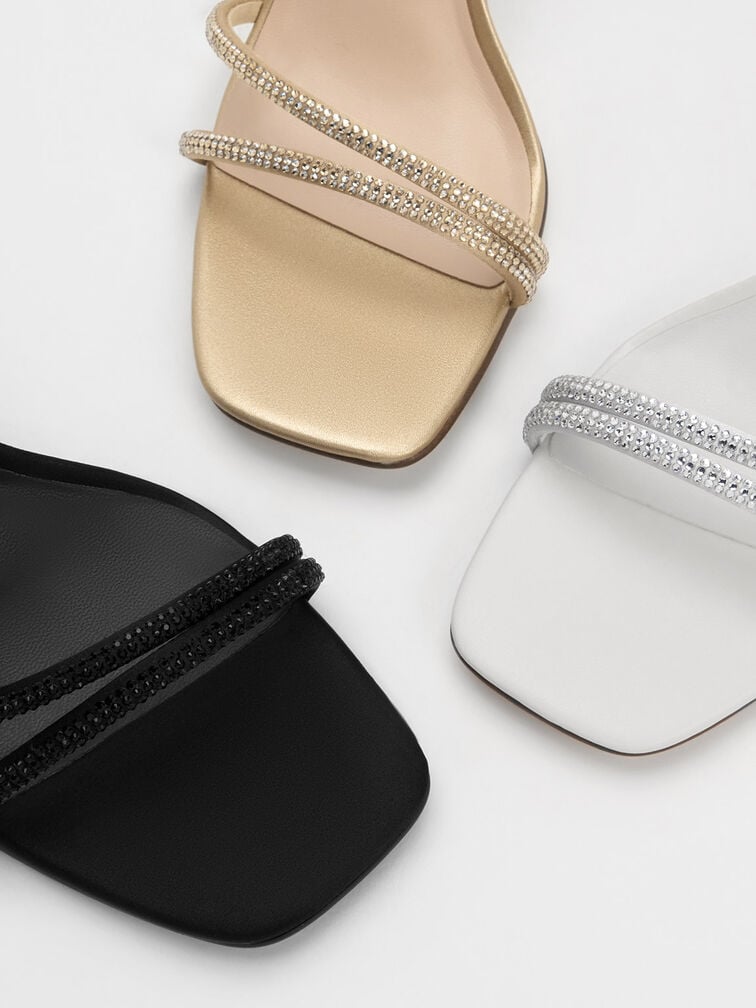 Satin Crystal-Embellished Asymmetric Heeled Sandals, Black Textured, hi-res
