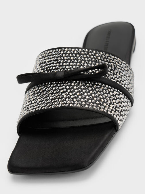 Satin Crystal-Embellished Bow Slide Sandals, Black Textured, hi-res