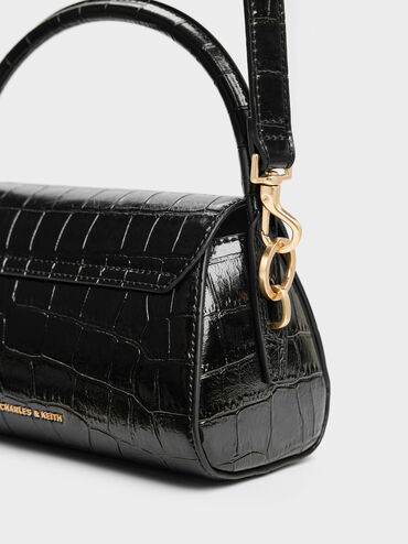 حقيبة كايلا بمقبض علوي وغطاء أمامي أنيق بتصميم على شكل جلد التمساح, أسود كروكو, hi-res