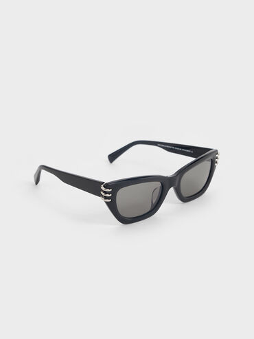 Metallic-Accent Angular Cat-Eye Sunglasses, Noir, hi-res