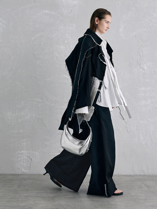 Bryna Metallic Curved Hobo Bag, Silver, hi-res