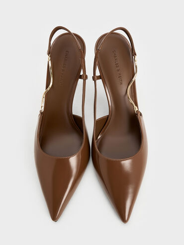 حذاء سلينجباك مفتوح الظهر بكعب عالٍ ومقدمة مدببة وحزام على شكل سلسلة, بنى, hi-res