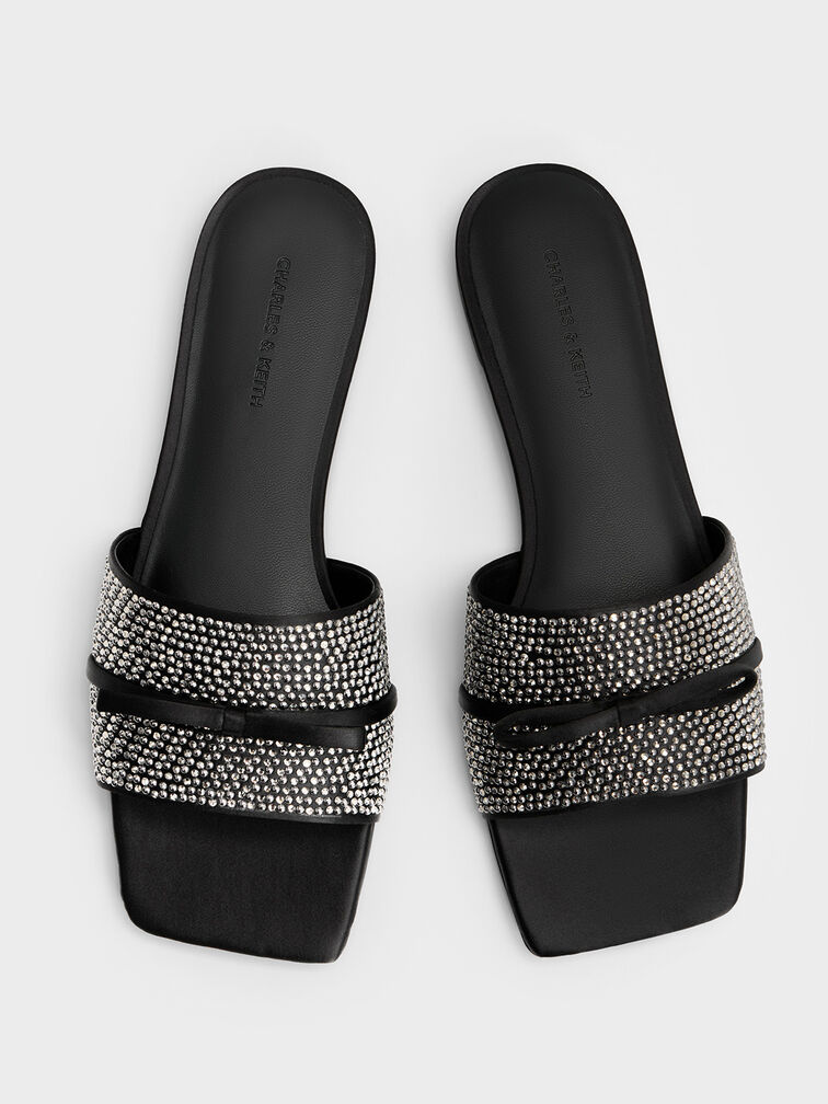 Satin Crystal-Embellished Bow Slide Sandals, Black Textured, hi-res