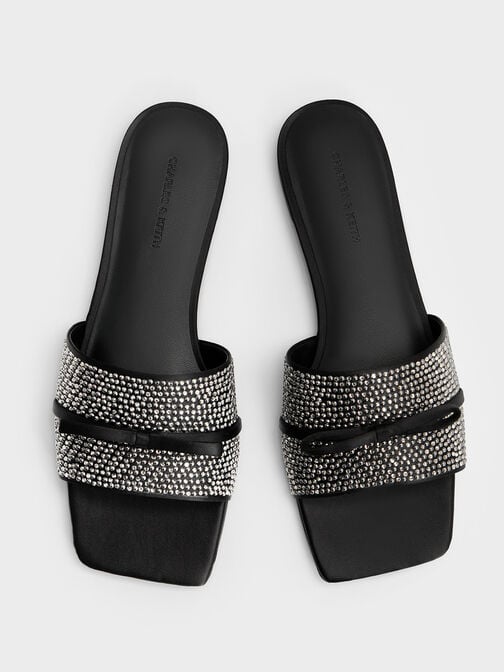 Satin Crystal-Embellished Bow Slide Sandals, Black Textured, hi-res