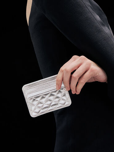 Cleo Metallic Quilted Card Holder, Silver, hi-res