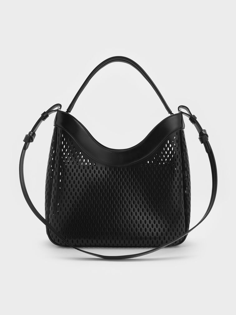 Juno Perforated Hobo Bag, Noir, hi-res