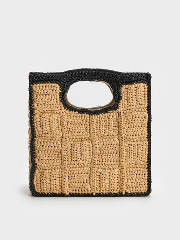 حقيبة رافيا بمقبض علوي وزهرة, متعدد الألوان, hi-res