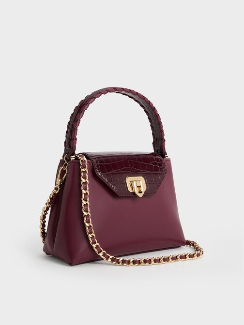 حقيبة أروين بمقبض علوي وحزام مضفر ونقشة جلد التمساح, برغندي, hi-res